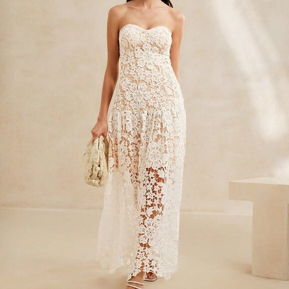 White Elegant Women's Heavy-Embroidered Lace Strapless Romantic Floral Dress - Picture 5 of 7